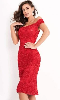 Jovani - 04763 Off-Shoulder Textured Lace Sheath Knee-Length Dress