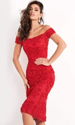 Jovani - 04763 Off-Shoulder Textured Lace Sheath Knee-Length Dress