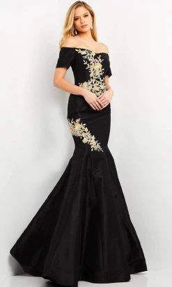 Jovani - 04814 Short Sleeve Off Shoulder Embroidered Trumpet Dress