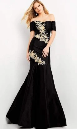 Jovani - 04814 Short Sleeve Off Shoulder Embroidered Trumpet Dress