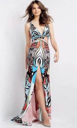 Jovani - 04986 Printed Flowy Multicolored Gown