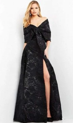 Jovani - 05019 Off Shoulder Jacquard High Slit Gown