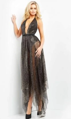 Jovani - 05068 Sheer Plunging Halter A-Line Dress