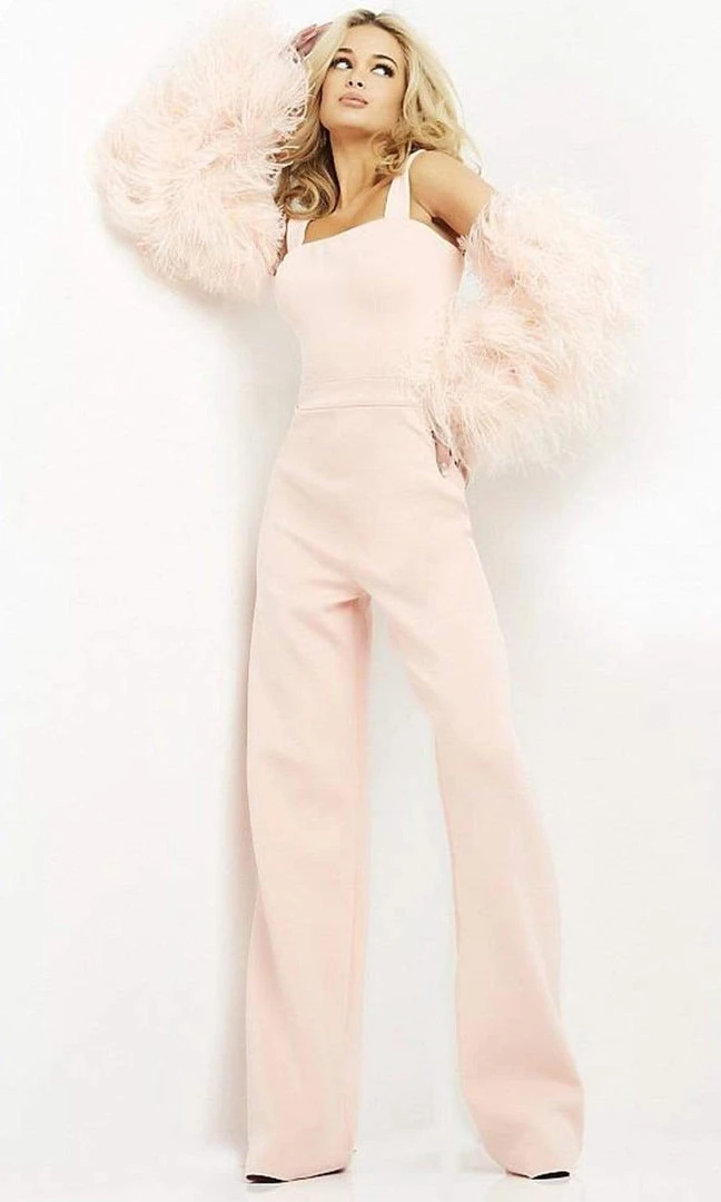 Jovani - 05505 Square Neck Fur Sleeve Jumpsuit 3 Jovani - 05505 Square Neck Fur Sleeve Jumpsuit