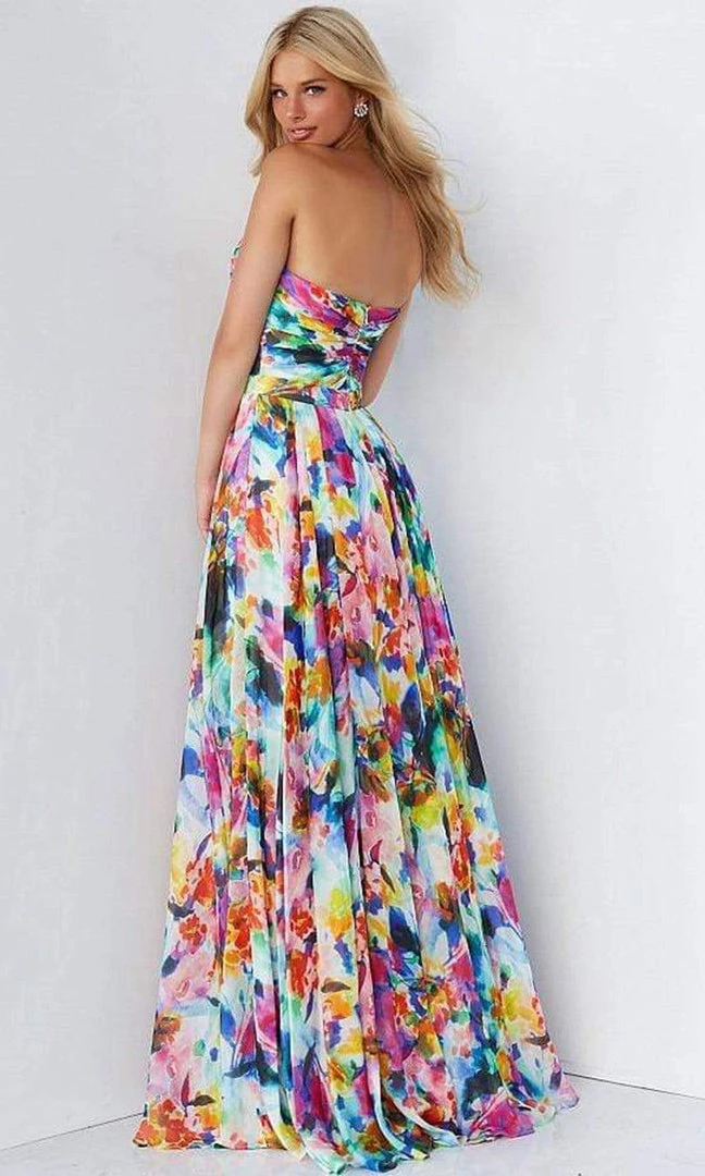 Jovani - 05589 Strapless Printed Slit A-line Gown 4 Jovani - 05589 Strapless Printed Slit A-line Gown