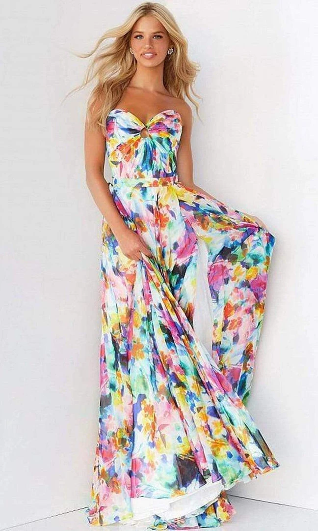 Jovani - 05589 Strapless Printed Slit A-line Gown 5 Jovani - 05589 Strapless Printed Slit A-line Gown