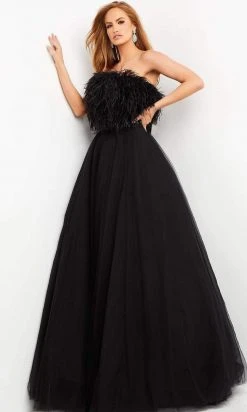 Jovani - 05624 Strapless Feather Fringed A-Line Dress