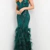 Jovani - 05660 Off Shoulder Sequined And Feathered Gown