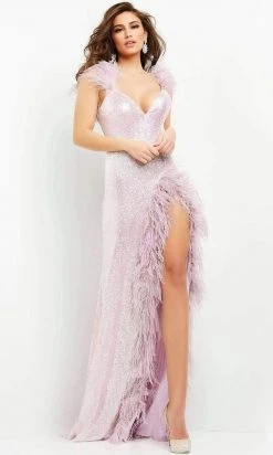 Jovani - 06164 Feather Trimmed High Slit Long Dress