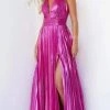 Jovani - 06220 Pleated Metallic High Slit Gown 1 Jovani - 06220 Pleated Metallic High Slit Gown