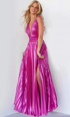 Jovani - 06220 Pleated Metallic High Slit Gown