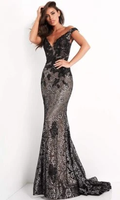 Jovani - 06437 Embroidered Deep Off Shoulder Sheath Dress