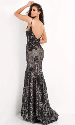 Jovani - 06438 Spaghetti Strap V-Neck Lace Mermaid Dress