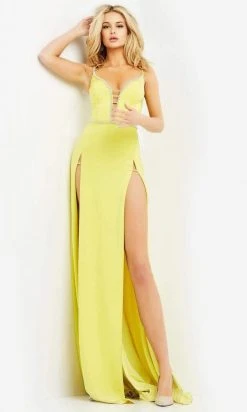 Jovani - 06557 Embellished Deep V-Neck A-line Gown Slits