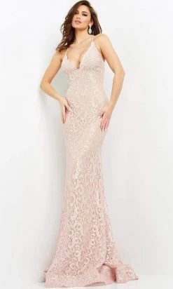Jovani - 06583 Embroidered Plunging V Neck Trumpet Gown