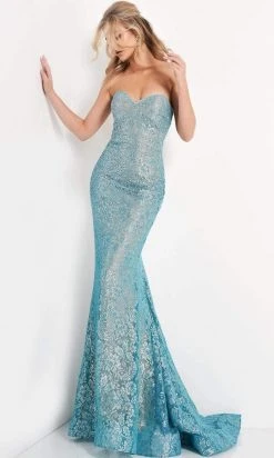 Jovani - 06586 Strapless Sweetheart Silver Lace Tie-Back Evening Gown
