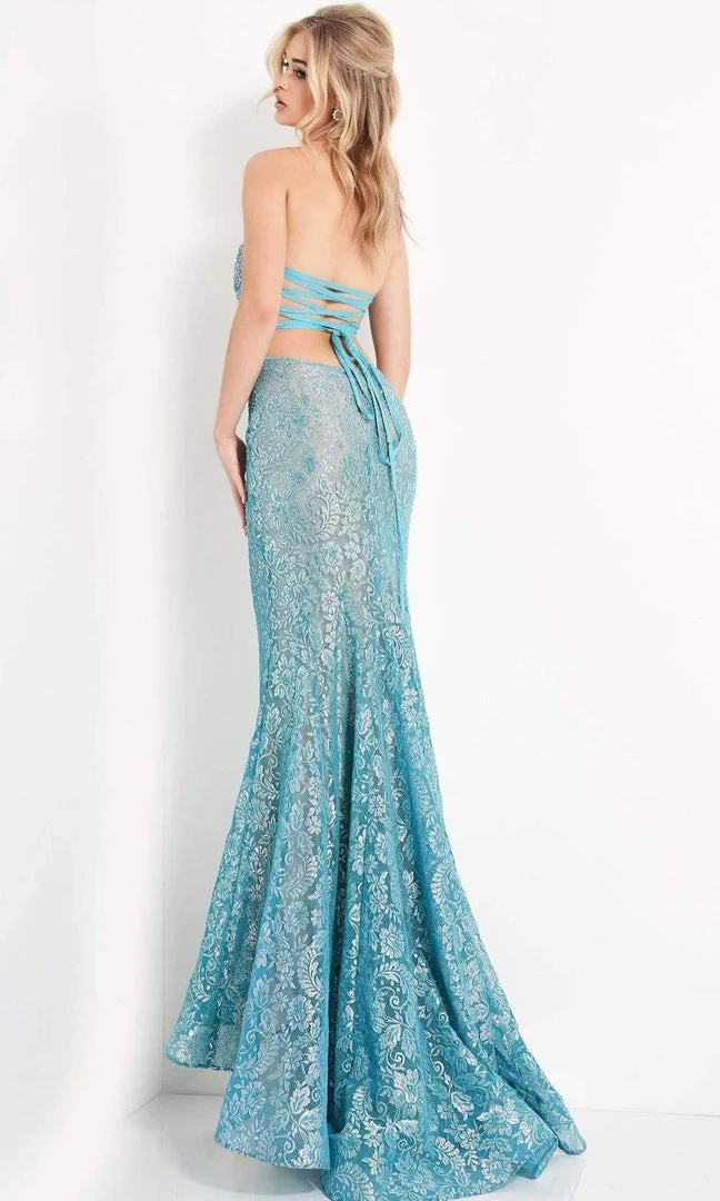 Jovani - 06586 Strapless Sweetheart Silver Lace Tie-Back Evening Gown 5 Jovani - 06586 Strapless Sweetheart Silver Lace Tie-Back Evening Gown