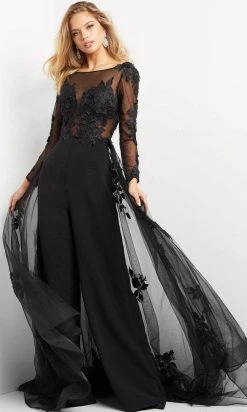 Jovani 06609 - Bateau Overskirt Evening Jumpsuit