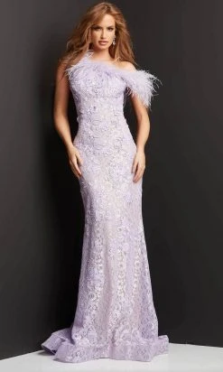 Jovani 06663 - Feathered Asymmetrical Lace Evening Dress