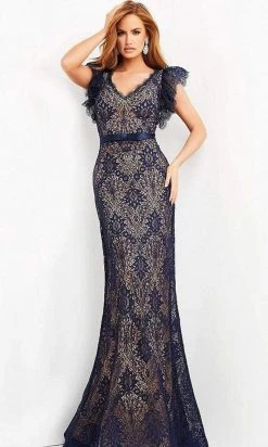 Jovani - 06919 V Neck English Laced Evening Gown