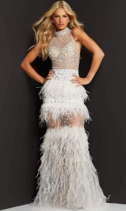 Jovani - 07317 High Neck Feather Fringed Gown