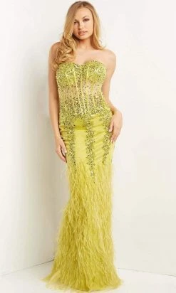 Jovani - 08142 Strapless Corset Feather Gown