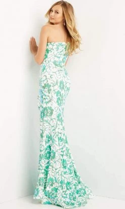 Jovani - 08256 Floral Sequin Asymmetrical Sheath Gown