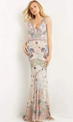 Jovani - 08446 Patterned Detail Beadwork Sheath Gown