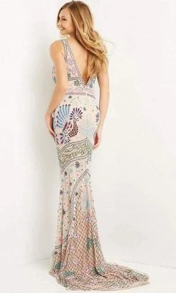 Jovani - 08446 Patterned Detail Beadwork Sheath Gown