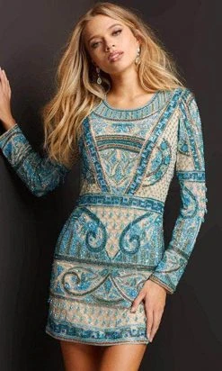 Jovani 08449 - Long Sleeves Jewel Neck Short Dress