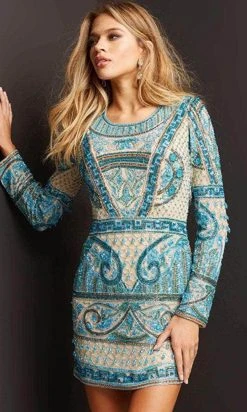 Jovani 08449 - Long Sleeves Jewel Neck Short Dress