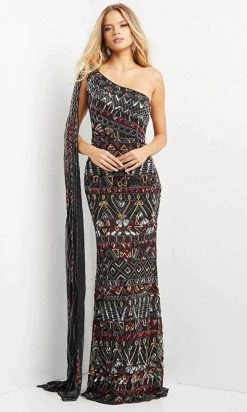 Jovani 08450 - Asymmetric With Shoulder Cape Long Dress