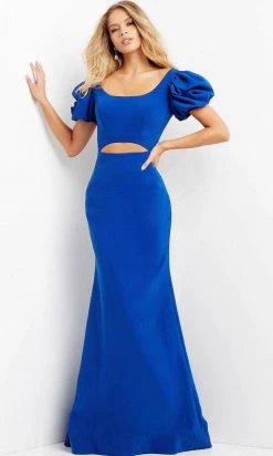 Jovani 08526 - Puff Sleeve Midriff Cutout Evening Dress