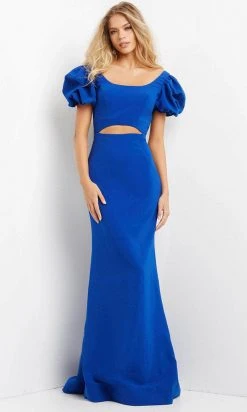 Jovani 08526 - Puff Sleeve Midriff Cutout Evening Dress