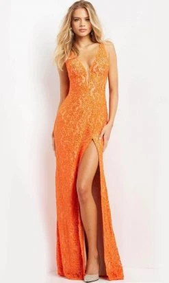 Jovani 08674 - Plunging V-Neck Lace Prom Dress