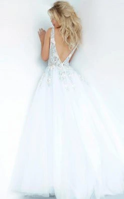 Jovani - 11092 Floral Embroidered Plunging V-Neck Ballgown