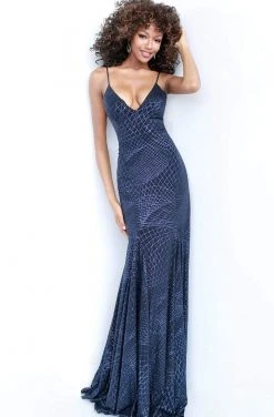Jovani - 1120 Spaghetti Strap Glitter Jersey Long Gown