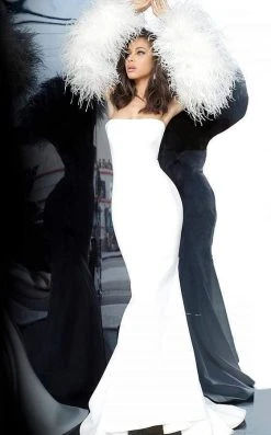 Jovani - 1226 Strapless Trumpet Dress With Feathered Sleeves