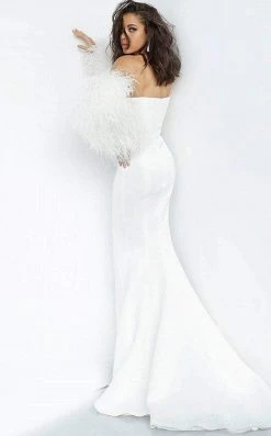 Jovani - 1226 Strapless Trumpet Dress With Feathered Sleeves