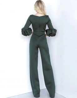 Jovani - 1227 Boat Neck Bubble Sleeved Scuba Evening Jumpsuit