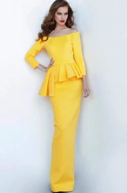 Jovani - 2144 Off Shoulder Fitted Evening Dress With Peplum