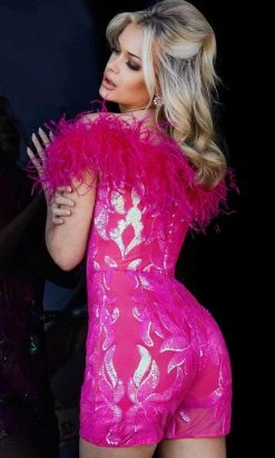 Jovani 22349 - Feathered Off Shoulder Romper