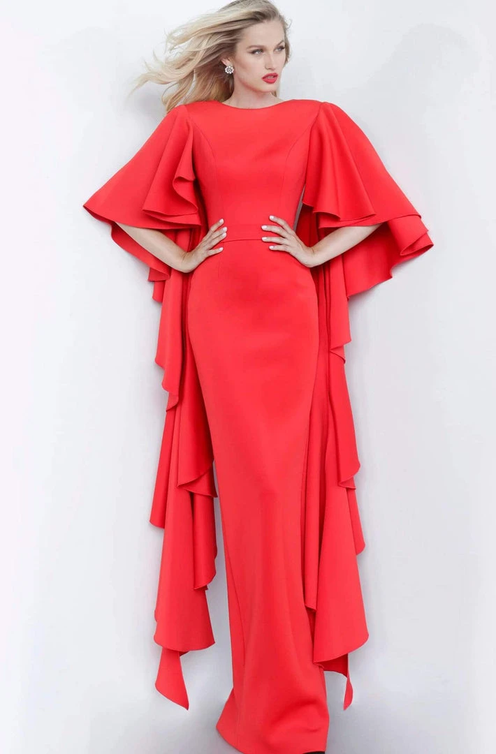 Jovani - 3018 Flutter Cascade Sleeve Long Column Gown 3 Jovani - 3018 Flutter Cascade Sleeve Long Column Gown