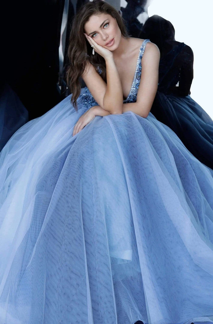 Jovani - 3110 Floral Applique Deep V-neck Tulle Ballgown 5 Jovani - 3110 Floral Applique Deep V-neck Tulle Ballgown