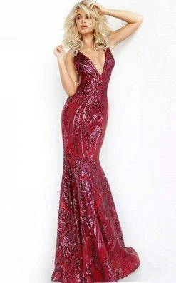 Jovani - 3186 Sequined Deep V-neck Trumpet Dress