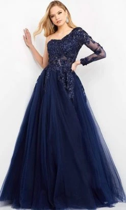 Jovani - 3303 Floral Applique One Shoulder Dress