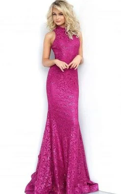 Jovani - 3559 Embellished Lace High Halter Trumpet Dress