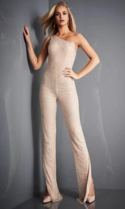 Jovani - 3816 Beaded One Shoulder Split Jumpsuit