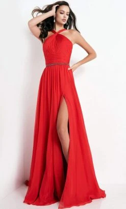 Jovani - 3836 Cross Halter Neck Ruched Bodice Chiffon A-Line Gown3