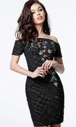 Jovani - 3968 Floral Sequined Off Shoulder Cocktail Dress